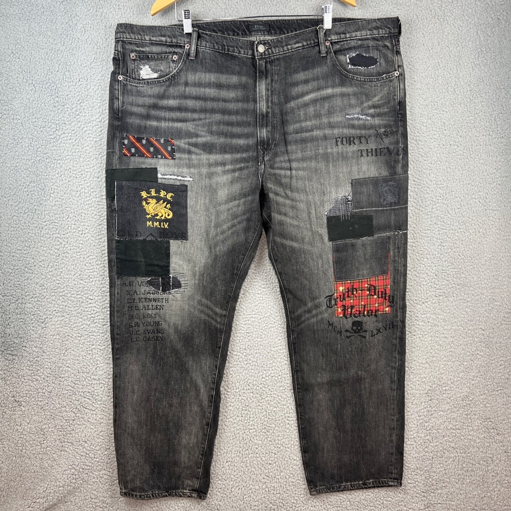 Polo Ralph Lauren Varick Slim Straight Distressed Patchwork Black Jeans 48x30